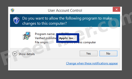 Screenshot where Apple Inc. appears as the verified publisher in the UAC dialog